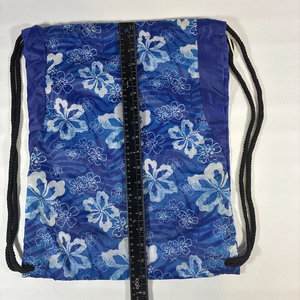 Port Authority Blue Hibiscus Floral Drawstring Backpack Cinch Sack Bag 13.5x17.5